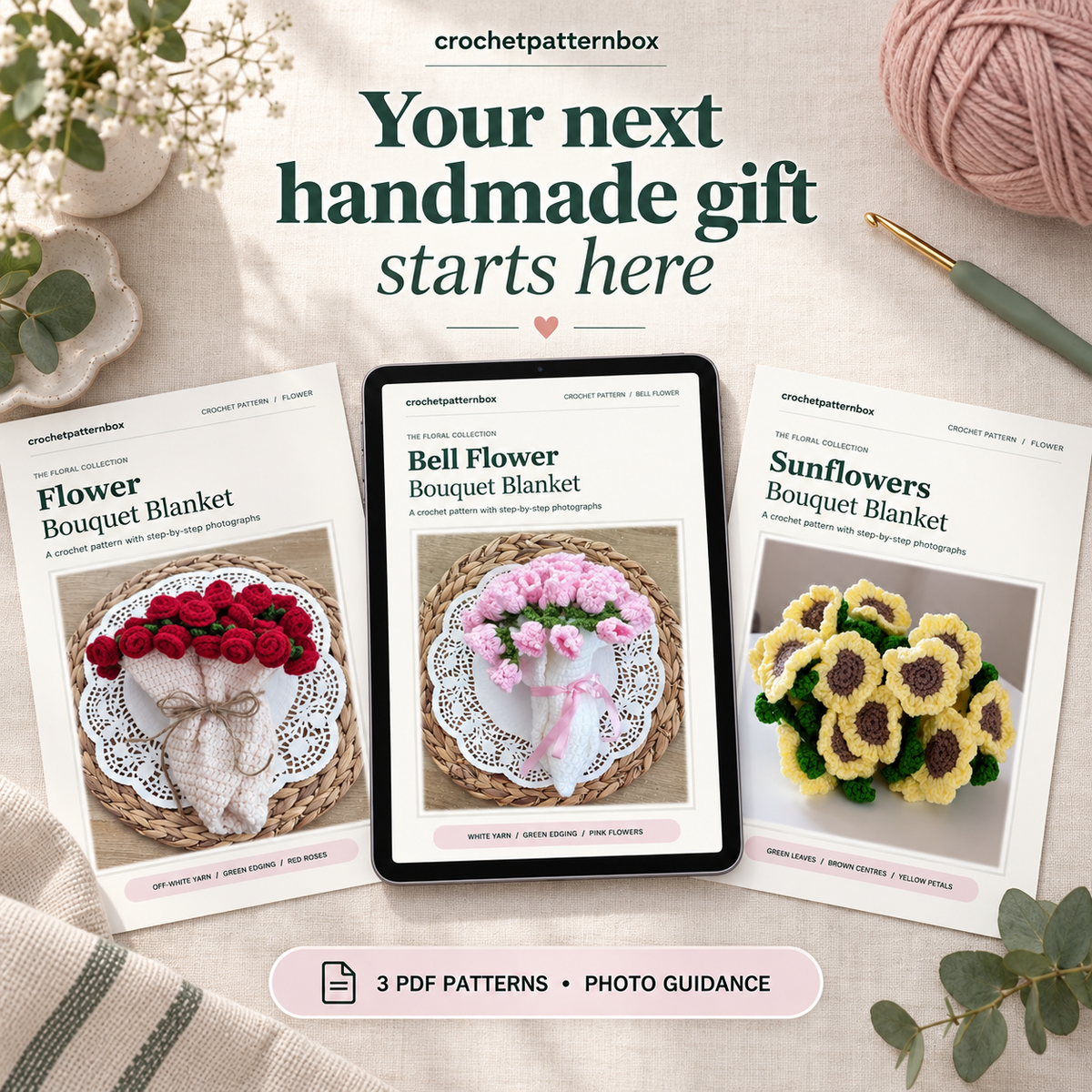 3-in-1 Bouquet Blanket Crochet Patterns – PDF Bundle