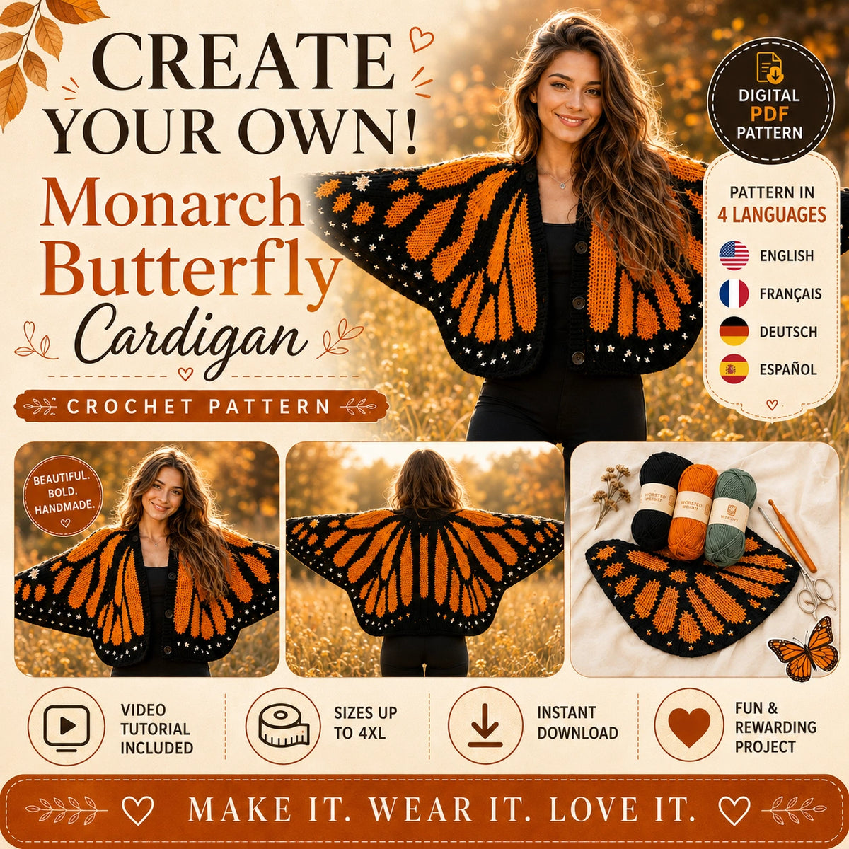 Monarch Butterfly Cardigan Crochet Pattern (PDF)